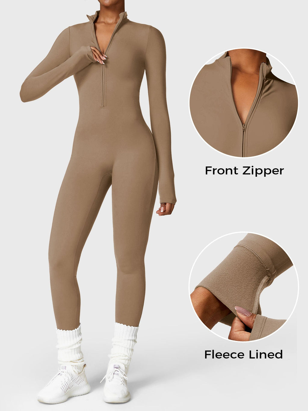 Yeoreo Belle Fleece Long Sleeve Zipper Jumpsuit Brown XL